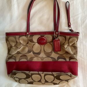 Coach Signature Logo Red Stripe Tote Bag